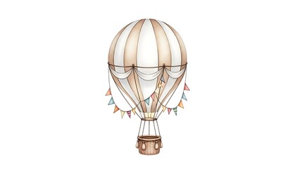Whimsical Watercolor Hot Air Balloon Illustration with Colorful Bunting Flags Floating Gracefully