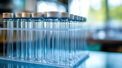 Clear acrylic rack holding multiple sterile glass vaccine vials in a laboratory setting