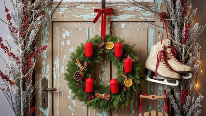 Rustic Christmas Holiday Door Adorned with Advent Wreath and Vintage Ice Skates