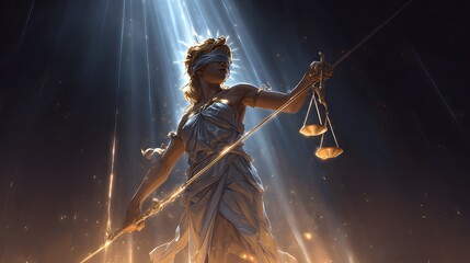 Blindfolded allegorical figure symbolizing justice holding scales and a blade against a dramatic glowing backdrop
