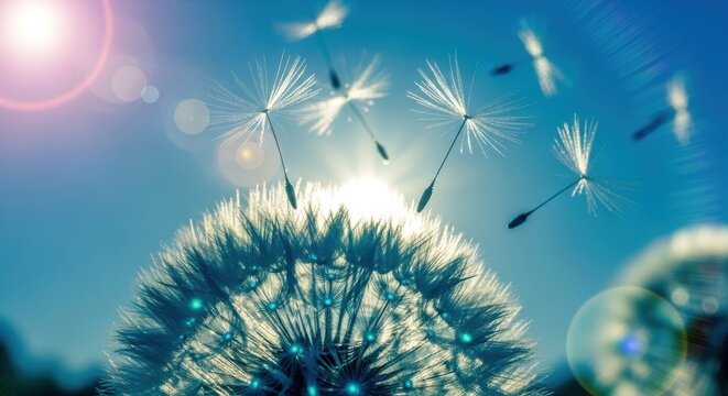 Dandelion seeds dispersing in bright sunlit sky
