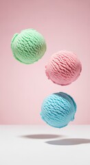 Three Colorful Ice Cream Scoops Floating Mid-Air