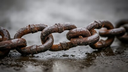 Obraz premium Close up of a rusted metal chain lying on damp earth