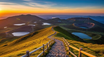 Scenic volcanic crater lakes and winding path at sunrise