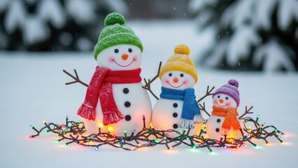 Festive Snowman Family with Colorful Christmas Lights in Winter Snow