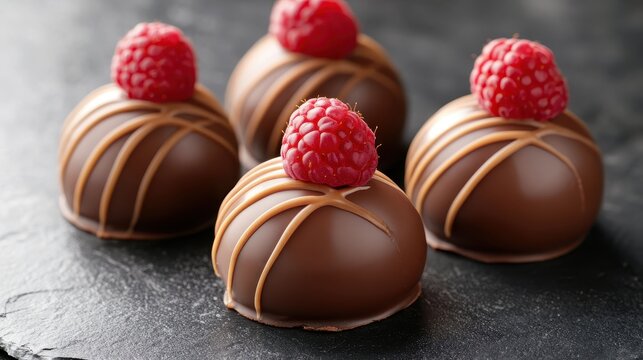 Close up of gourmet chocolate desserts with raspberries