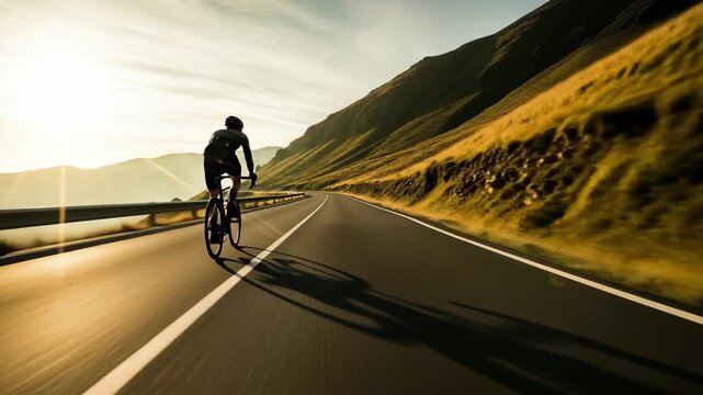Cyclist conquers winding mountain road at sunrise, a journey of freedom and epic adventure 4k high quality footage