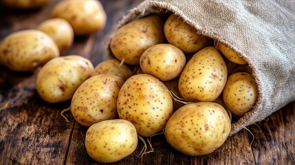 Close up of golden brown potatoes spilling out of burlap sack