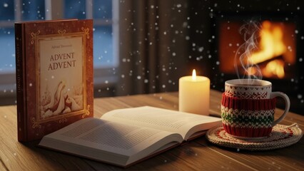 Cozy Advent Reading Scene with Steaming Mug, Lit Candle, and Fireplace on a Snowy Winter Evening