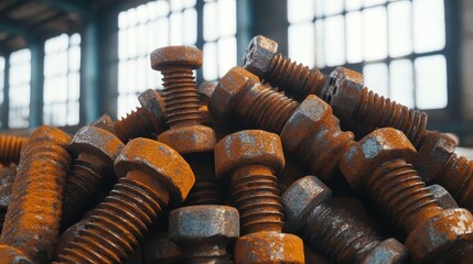Closeup of Rusty Industrial Bolts and Nuts