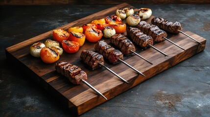 Grilled Steak and Roasted Vegetables on Wooden Board Presentation