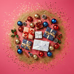Glamorous Christmas Flat Lay Composition of Assorted Wrapped Gifts, Red and Blue Ornaments, and Natural Elements Centered in a Circle of Gold Glitter on a Bright Pink Background – Festive Party 