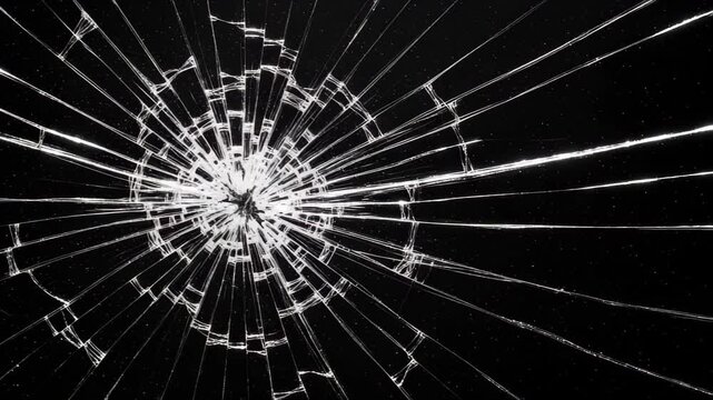 Dramatic shattered glass explosion effect with sharp fractures and light glinting on black background 4k high quality footage