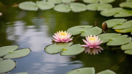 Pink water lilies and green pads float gracefully on a calm pond.