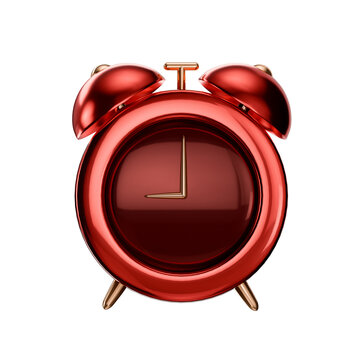 3d Red Classic Alarm clock icon. Metallic red reminder watch twin bell isolated on transparent background.
