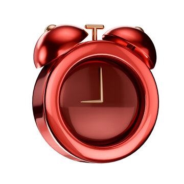 3d Red Classic Alarm clock icon. Metallic red reminder watch twin bell isolated on transparent background.