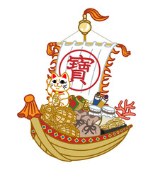 招き猫が乗った宝船　クリップアート