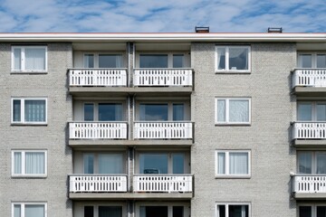 Modern apartment building with multiple balconies and clear blue sky above, showcasing urban living dynamics in a contemporary neighborhood