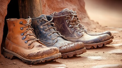 Close up view of muddy worn leather boots outdoors