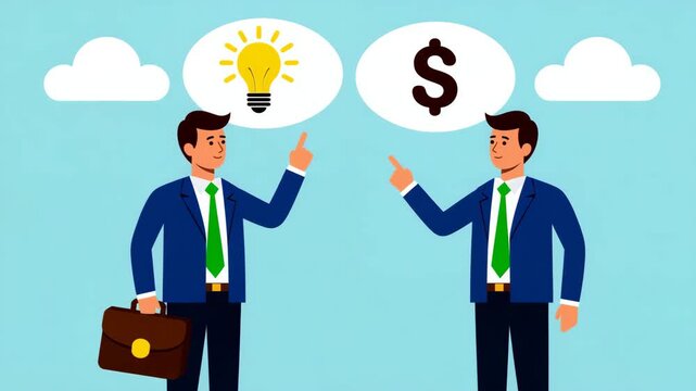 Businessmen Discussing Ideas and Finance with Lightbulb and Dollar Thought Icons in Minimal Flat Illustration