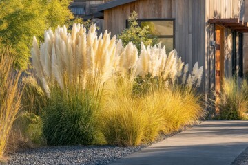 Pampas grass sways gently in the warm afternoon sun beside a modern wooden home in a tranquil outdoor setting with a clear path