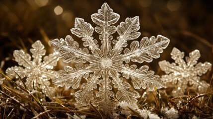 Detailed macro of a delicate ice crystal snowflake in winter