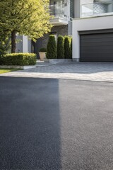 On a bright sunny day, the contemporary driveway and beautifully landscaped exterior of the home showcase freshly laid asphalt and meticulously cared-for surroundings