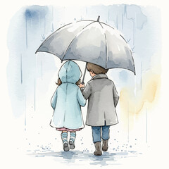 Watercolor illustration of two children walking in the rain with umbrella
