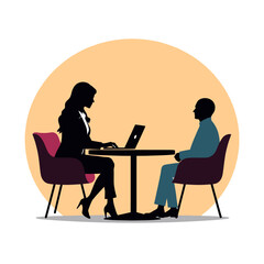 Illustration of a job interview with a woman using a laptop at a table.