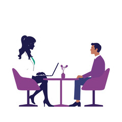 Two people, a man and a woman, sitting at a table with a laptop and a vase of flowers.