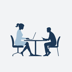 Two people, a woman with a laptop and a man with a phone, sitting at a table, representing a business meeting or interview.