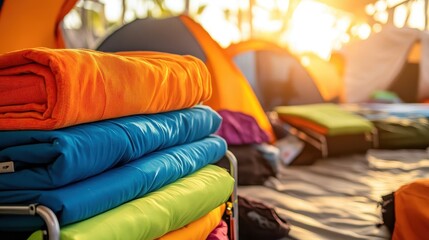 Colorful stacked sleeping bags and camping tents ready for outdoor adventure during sunset