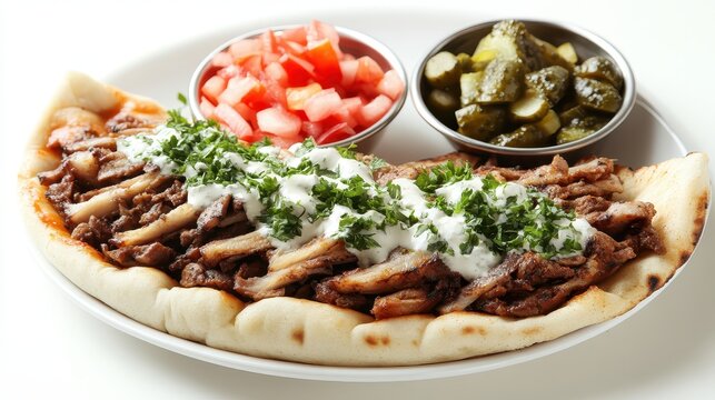 Delicious Lebanese Shawarma Plate with Fresh Vegetables and Sauce