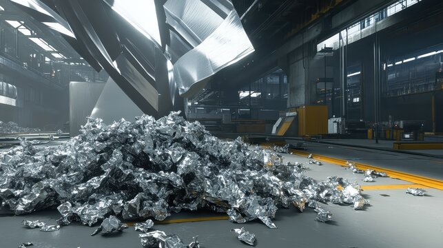 Piles of crumpled metallic foil packaging scattered in an industrial factory setting with large structures in the background - Powered by Adobe
