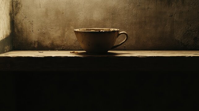 Cracked ceramic teacup with dried dregs on a wooden table