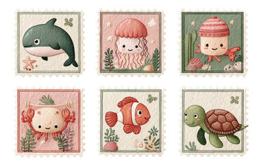 Watercolor Illustrations of Adorable Ocean Animals in Soft Textured Stamp Design