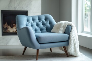 Light blue tufted armchair with white blanket by a cozy fireplace and bright window, creating a serene modern living room.