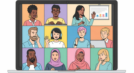 A computer screen displaying a large grid of diverse individuals participating in a virtual video conference or online meeting. This represents remote teamwork, global communication.