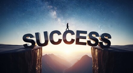 Person walking across success bridge over mountains