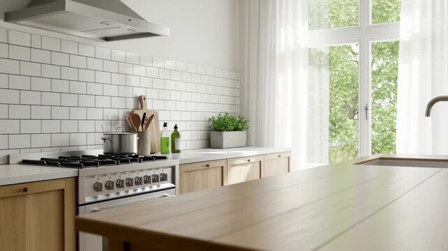 Bright, modern kitchen scene with natural light streaming through a window, showcasing clean design and inviting atmosphere. 4k high quality footage