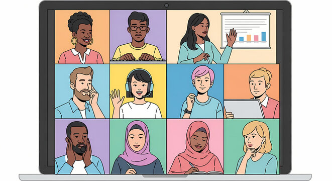 A computer screen displaying a large grid of diverse individuals participating in a virtual video conference or online meeting. This represents remote teamwork, global communication.