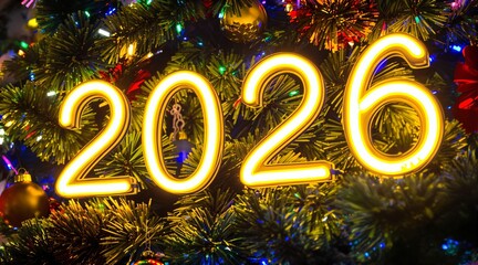 Festive Christmas Tree Decoration with Glowing Neon Sign