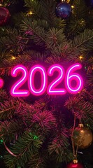 Festive Christmas Tree Decoration with Glowing Neon Sign