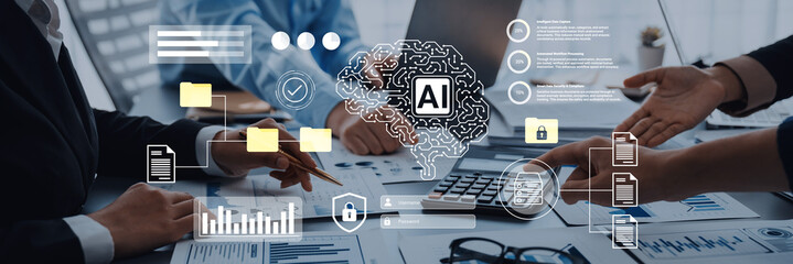 Business professionals collaborate on an artificial intelligence project, using modern technology and data visualizations to enhance teamwork and productivity. Gantry
