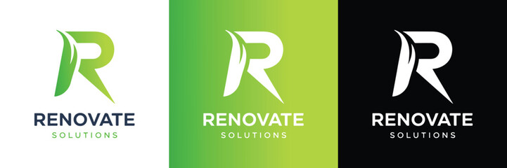 Renovate solutions r letter logo design with green leaf element, symbolizing growth, renewal, and sustainable environmental solutions for branding and corporate identity.