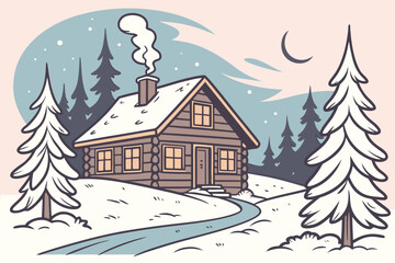Fototapeta premium Cozy Winter House Scene Illustration3.eps