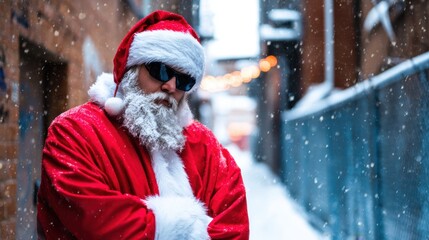 Santa Claus in a snowy alley, wearing sunglasses, with festive lights in the background, celebrating winter