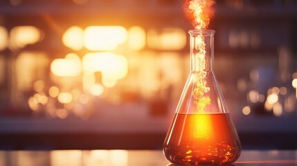 Flask containing bubbling chemical reaction with vibrant orange flames