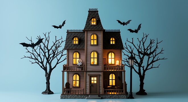 A spooky haunted house with glowing windows and silhouetted bats in flight