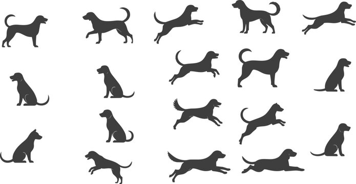 Large vector collection of dynamic dog silhouettes in various action poses, including standing, sitting, walking, and running, perfect for pet-related logos, patterns, and veterinary 